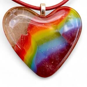 Rainbow Glass Fused Heart Pendant. Rich Red Colored Leather Cord. 18"